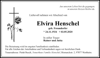 Traueranzeige von Elvira Henschel von Fränkische Nachrichten