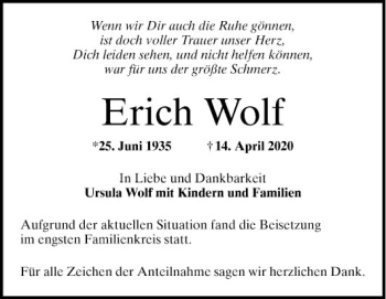 Traueranzeige von Erich Wolf von Schwetzinger Zeitung