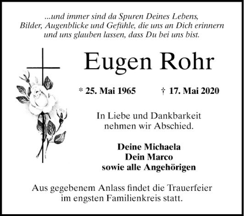  Traueranzeige für Eugen Rohr vom 23.05.2020 aus Mannheimer Morgen