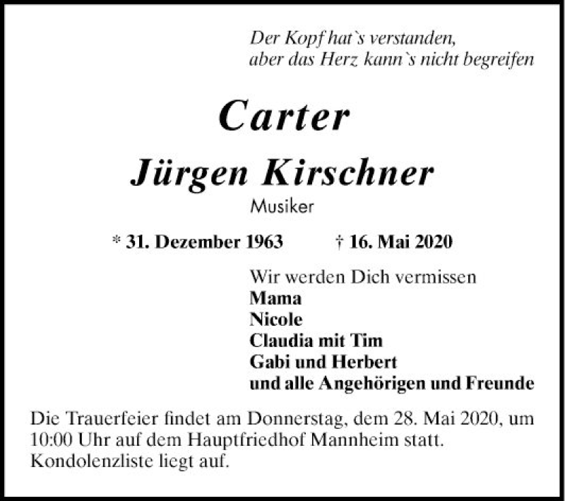  Traueranzeige für Jürgen Kirschner vom 26.05.2020 aus Mannheimer Morgen