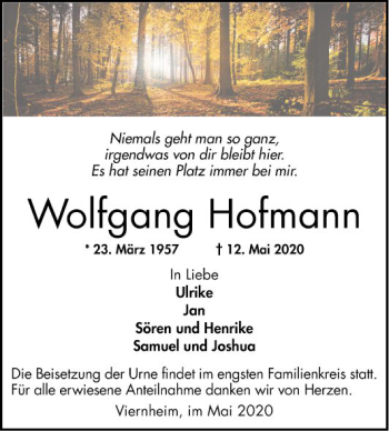 Traueranzeige von Wolfgang Hofmann von Mannheimer Morgen