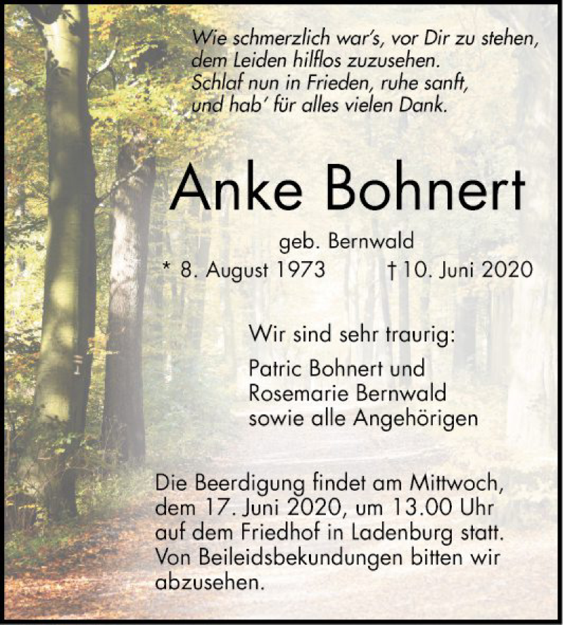  Traueranzeige für Anke Bohnert vom 13.06.2020 aus Mannheimer Morgen