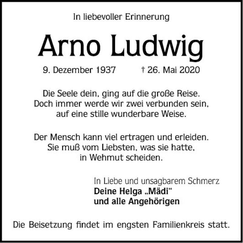  Traueranzeige für Arno Ludwig vom 06.06.2020 aus Mannheimer Morgen
