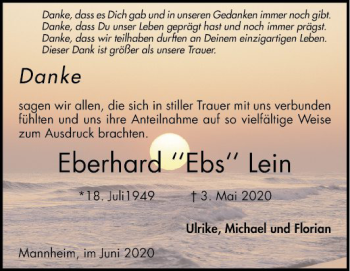Traueranzeige von Eberhard Lein von Mannheimer Morgen