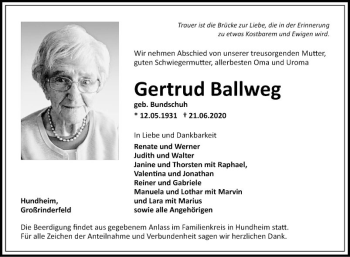 Traueranzeige von Gertrud Ballweg von Fränkische Nachrichten