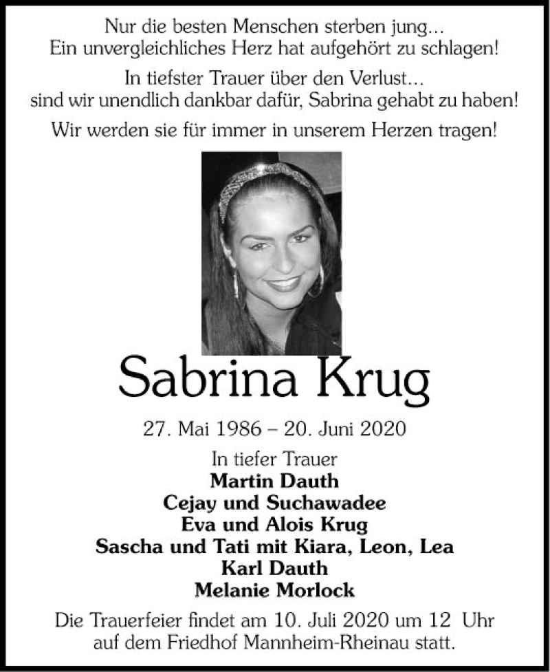  Traueranzeige für Sabrina Krug vom 27.06.2020 aus Mannheimer Morgen