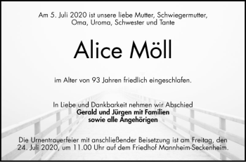 Traueranzeige von Alice Möll von Mannheimer Morgen