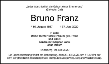 Traueranzeige von Bruno Franz von Mannheimer Morgen