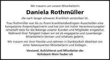 Traueranzeige von Daniela Rothmüller von Fränkische Nachrichten
