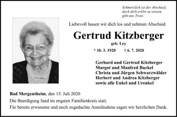 Traueranzeige von Gertrud Kitzberger von Fränkische Nachrichten
