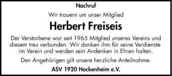 Traueranzeige von Herbert Freiseis von Schwetzinger Zeitung