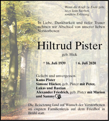 Traueranzeige von Hiltrud Pister von Schwetzinger Zeitung
