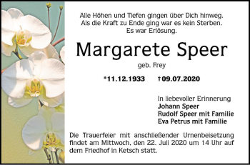 Traueranzeige von Margarete Speer von Schwetzinger Zeitung