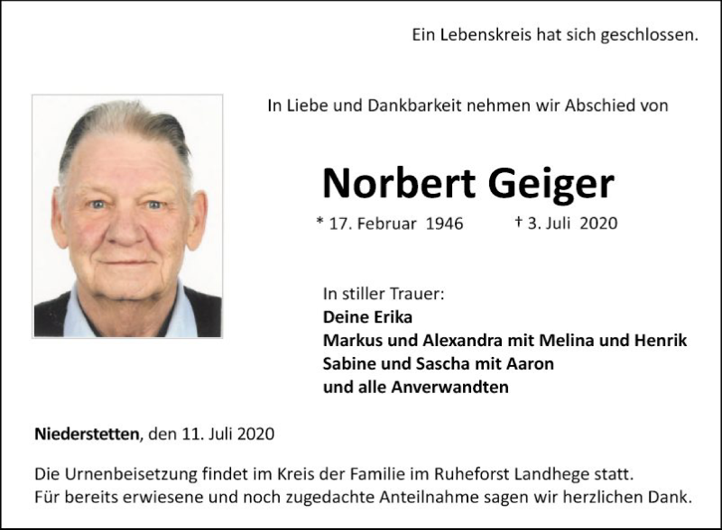  Traueranzeige für Norbert Geiger vom 11.07.2020 aus Fränkische Nachrichten