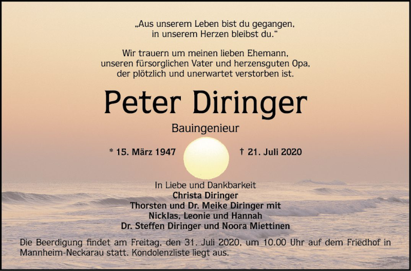  Traueranzeige für Peter Diringer vom 25.07.2020 aus Mannheimer Morgen