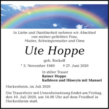 Traueranzeige von Ute Hoppe von Schwetzinger Zeitung