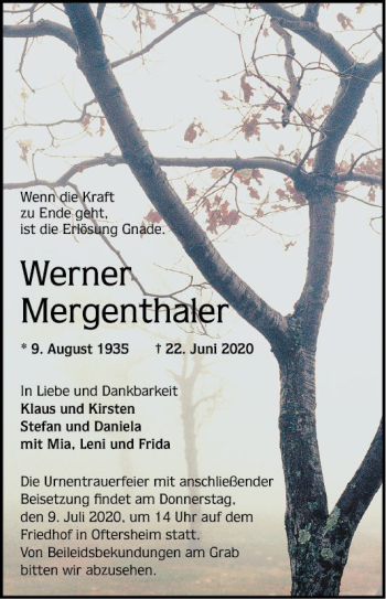 Traueranzeige von Werner Mergenthaler von Schwetzinger Zeitung