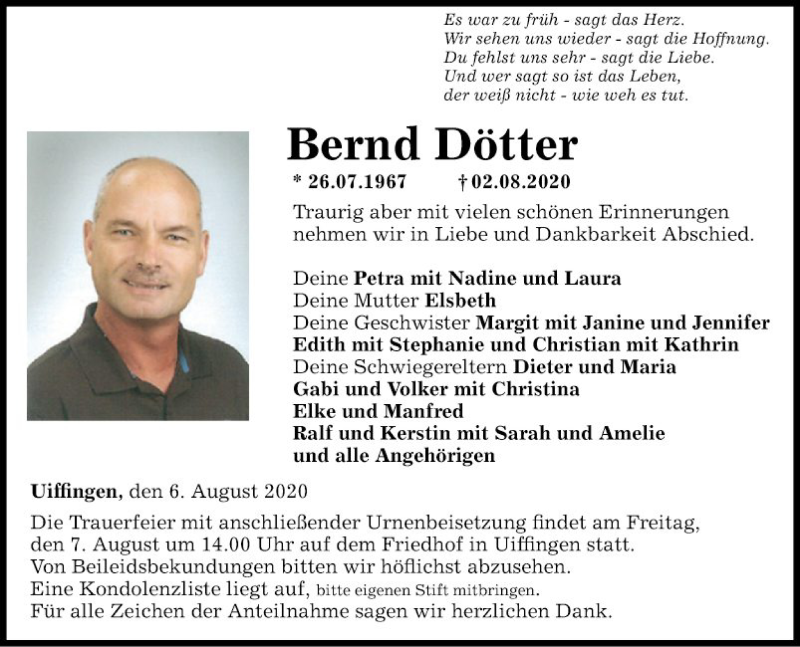  Traueranzeige für Bernd Dötter vom 06.08.2020 aus Fränkische Nachrichten