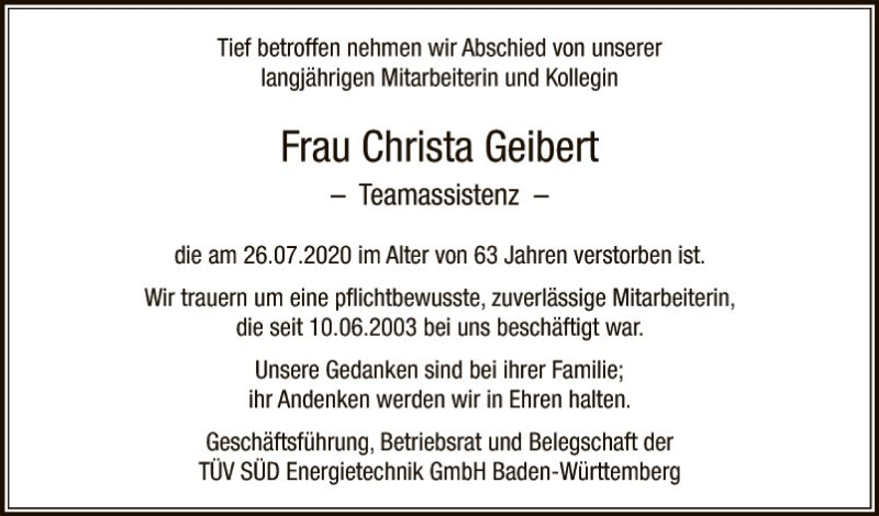  Traueranzeige für Christa Geibert vom 08.08.2020 aus Mannheimer Morgen