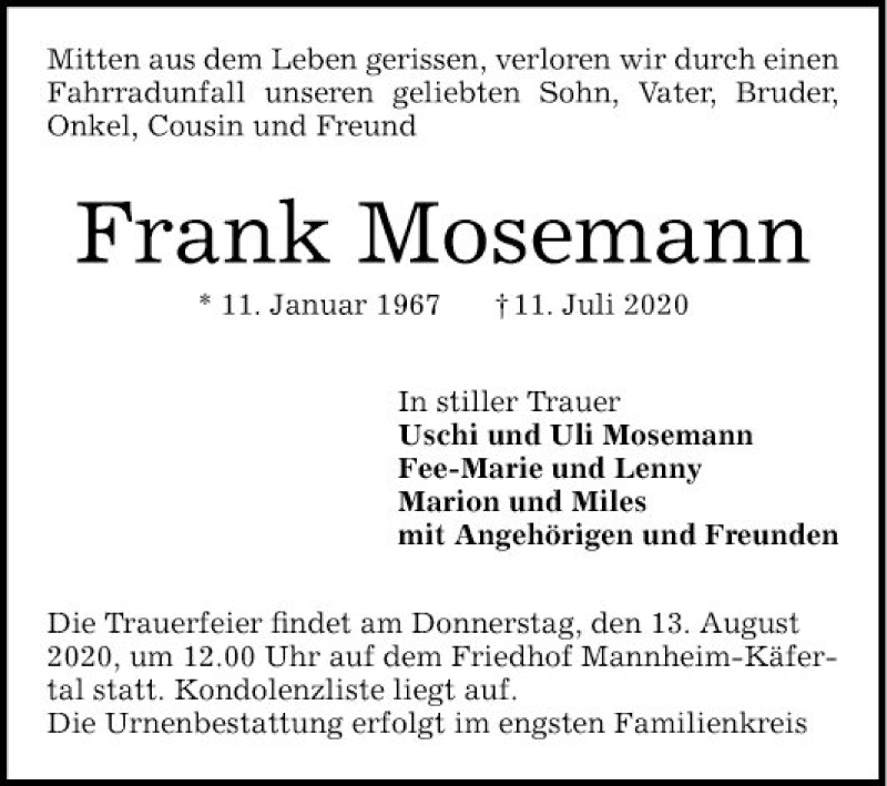  Traueranzeige für Frank Mosemann vom 08.08.2020 aus Mannheimer Morgen