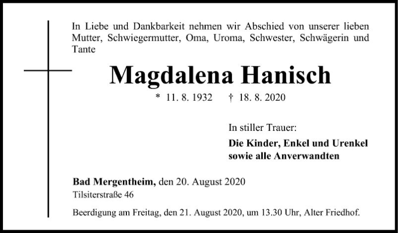  Traueranzeige für Magdalena Hanisch vom 20.08.2020 aus Fränkische Nachrichten