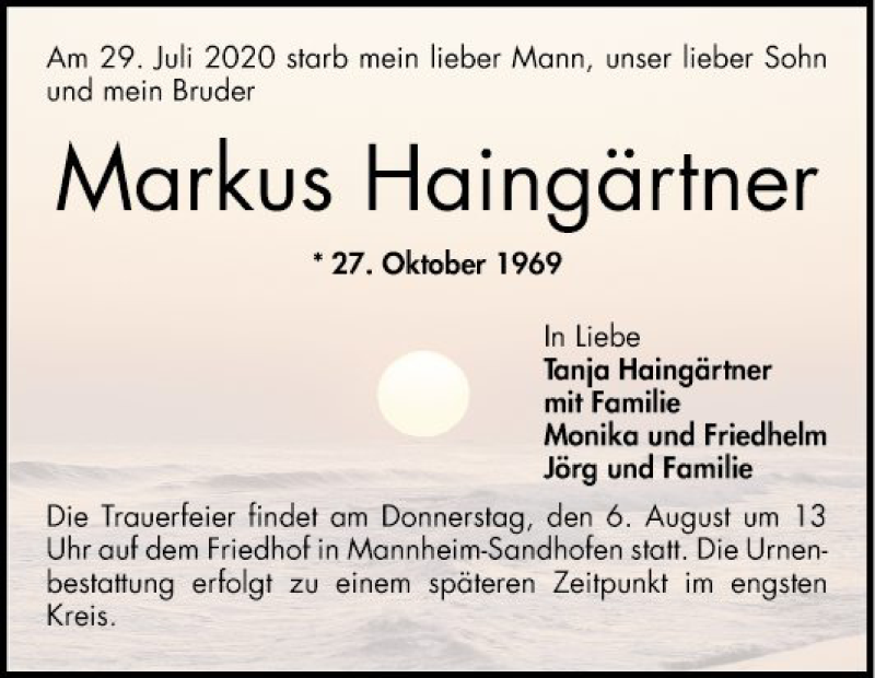  Traueranzeige für Markus Haingärtner vom 04.08.2020 aus Mannheimer Morgen