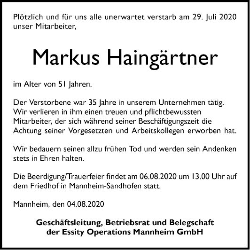  Traueranzeige für Markus Haingärtner vom 04.08.2020 aus Mannheimer Morgen
