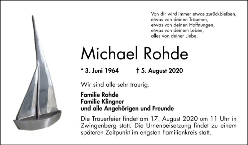  Traueranzeige für Michael Rohde vom 15.08.2020 aus Bergsträßer Anzeiger