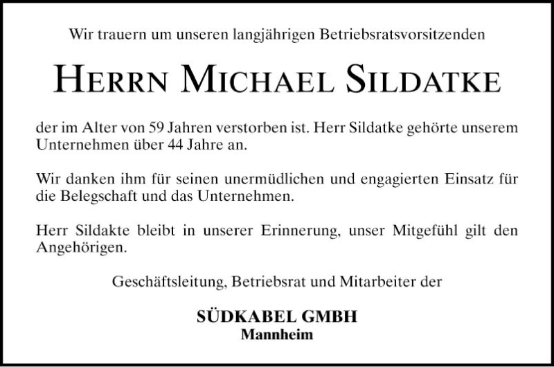  Traueranzeige für Michael Sildatke vom 15.08.2020 aus Mannheimer Morgen