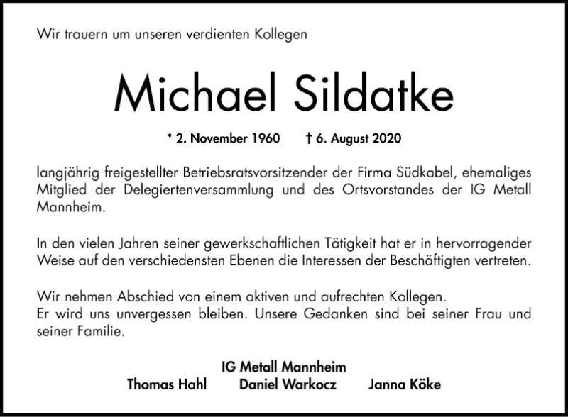 Traueranzeige für Michael Sildatke vom 11.08.2020 aus Mannheimer Morgen