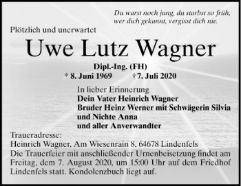 Traueranzeige von Uwe Lutz Wagner von Bergsträßer Anzeiger