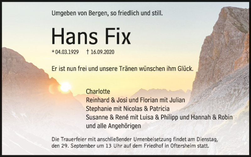  Traueranzeige für Hans Fix vom 25.09.2020 aus Schwetzinger Zeitung