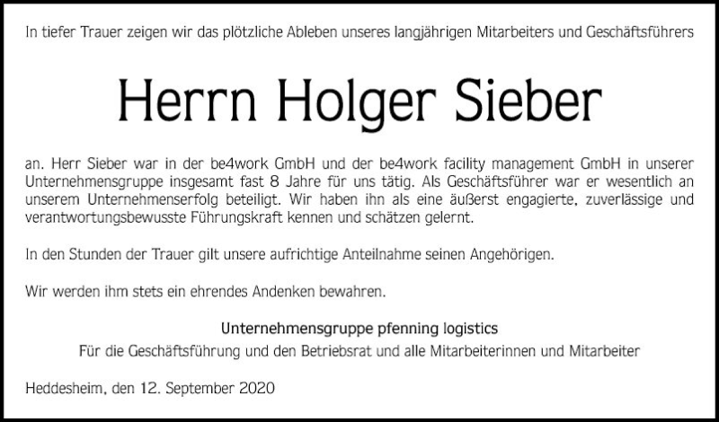  Traueranzeige für Holger Sieber vom 12.09.2020 aus Mannheimer Morgen