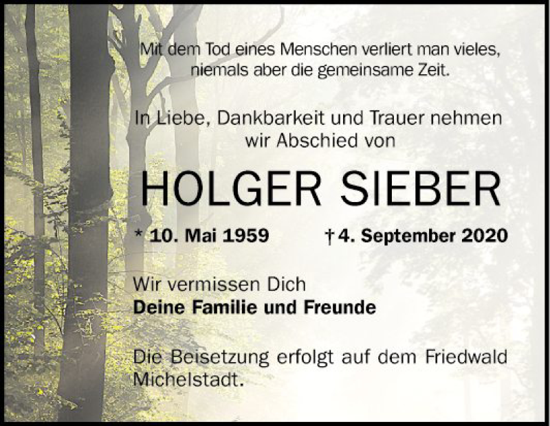 Traueranzeige für Holger Sieber vom 12.09.2020 aus Mannheimer Morgen