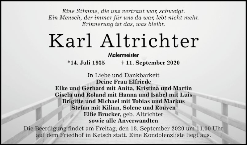  Traueranzeige für Karl Altrichter vom 16.09.2020 aus Schwetzinger Zeitung