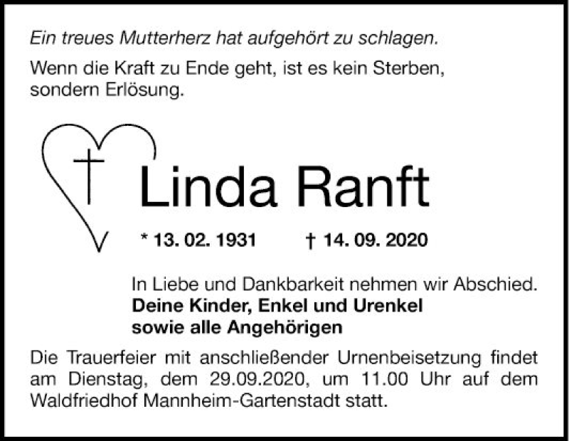  Traueranzeige für Linda Ranft vom 19.09.2020 aus Mannheimer Morgen