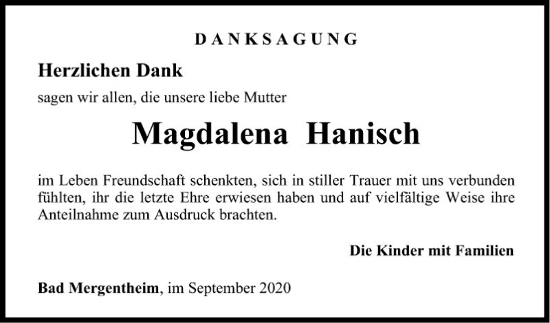  Traueranzeige für Magdalena Hanisch vom 05.09.2020 aus Fränkische Nachrichten