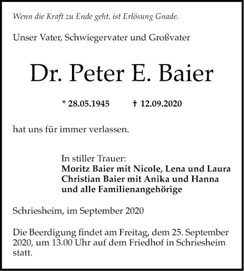  Traueranzeige für Peter E. Baier vom 22.09.2020 aus Mannheimer Morgen