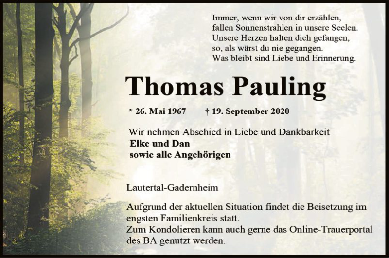  Traueranzeige für Thomas Pauling vom 23.09.2020 aus Bergsträßer Anzeiger