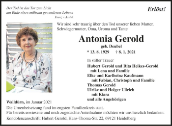 Traueranzeige von Antonia Gerold von Fränkische Nachrichten