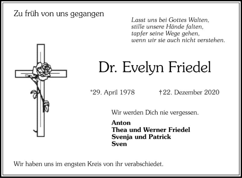  Traueranzeige für Evelyn Friedel vom 09.01.2021 aus Mannheimer Morgen