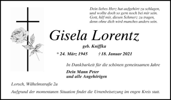 Traueranzeige von Gisela Lorentz von Bergsträßer Anzeiger