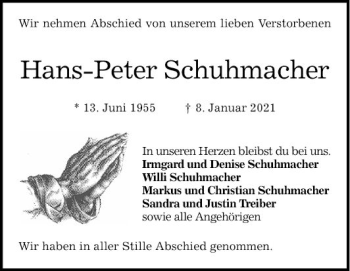 Traueranzeige von Hans Peter Schuhmacher von Schwetzinger Zeitung