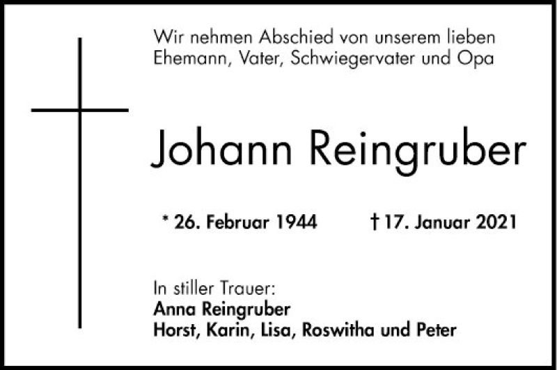  Traueranzeige für Johann Reingruber vom 23.01.2021 aus Mannheimer Morgen