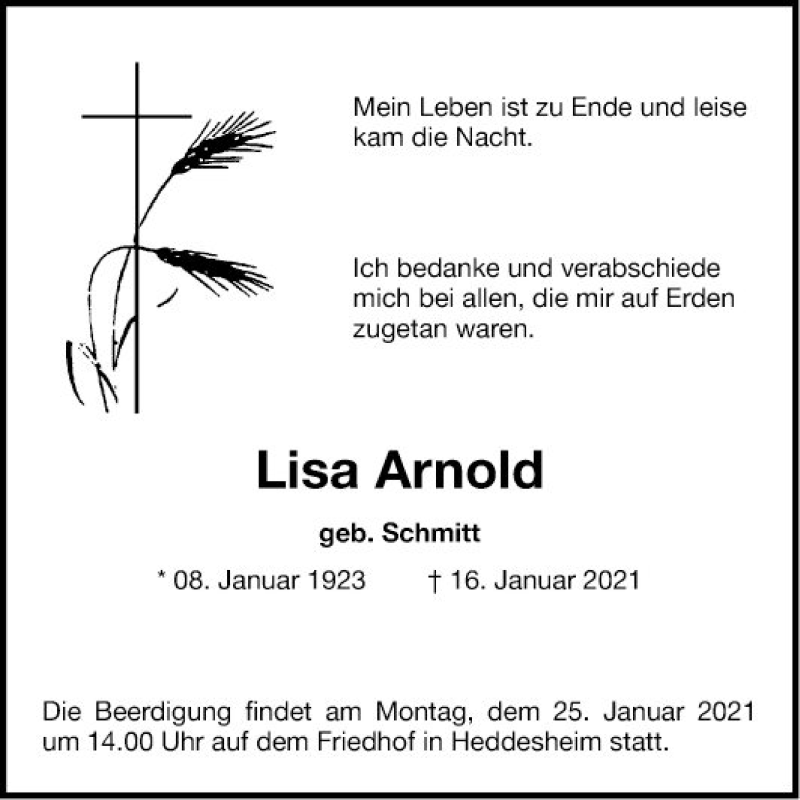  Traueranzeige für Lisa Arnold vom 21.01.2021 aus Mannheimer Morgen