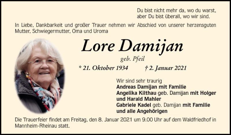  Traueranzeige für Lore Damijan vom 07.01.2021 aus Mannheimer Morgen