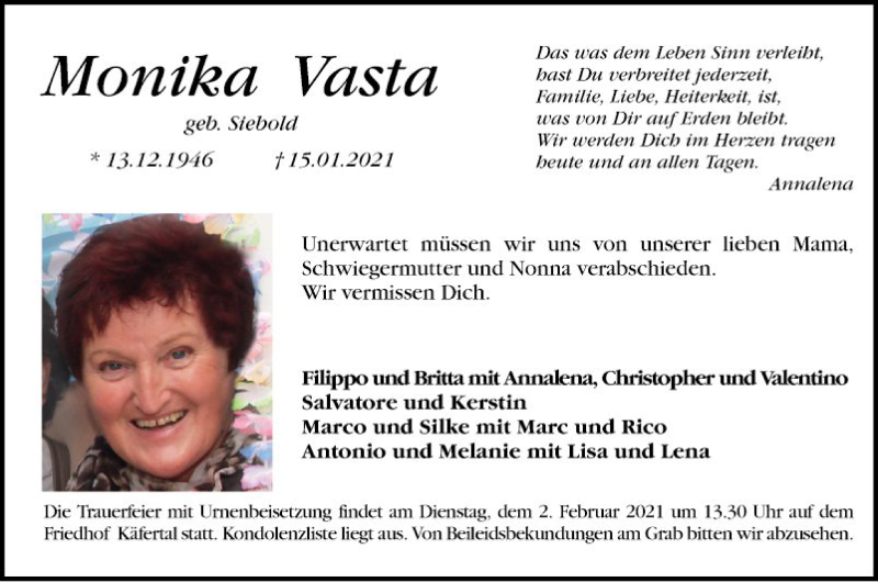  Traueranzeige für Monika Vasta vom 23.01.2021 aus Mannheimer Morgen