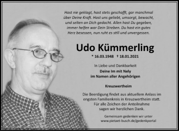 Traueranzeige von Udo Kümmerling von Fränkische Nachrichten