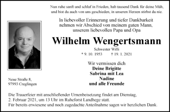 Traueranzeige von Wilhelm Wengertsmann von Fränkische Nachrichten