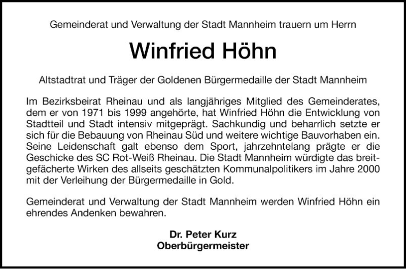  Traueranzeige für Winfried Höhn vom 09.01.2021 aus Mannheimer Morgen